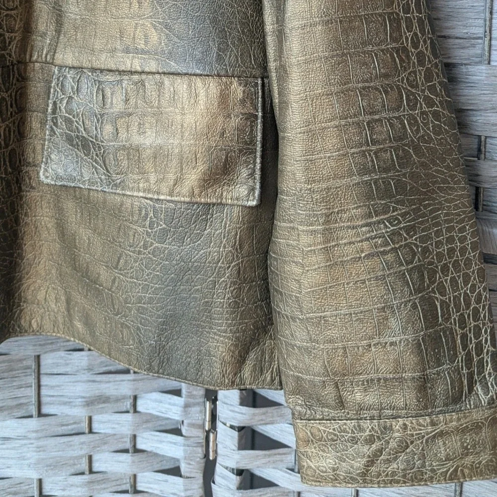 Chico's Leather Jacket Gold Croc Embossed Metallic Sz 1‎ (M 8/10) Glam Mobwife